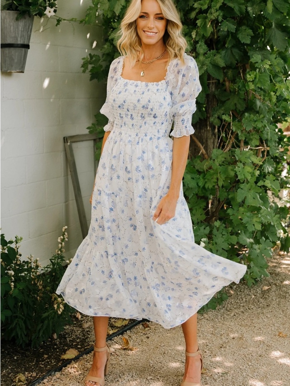 Baltic Born White Midi Dress with Light Blue Floral Print